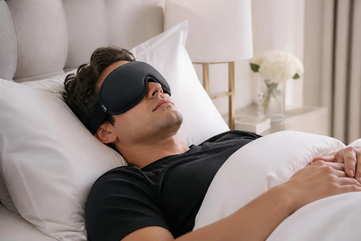 Person resting peacefully wearing the VELNEXA 3D Sleeping Mask