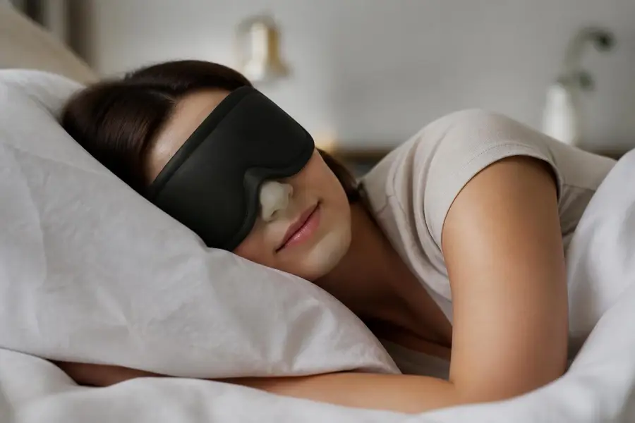 Side sleeper resting comfortably with the VELNEXA sleep mask on