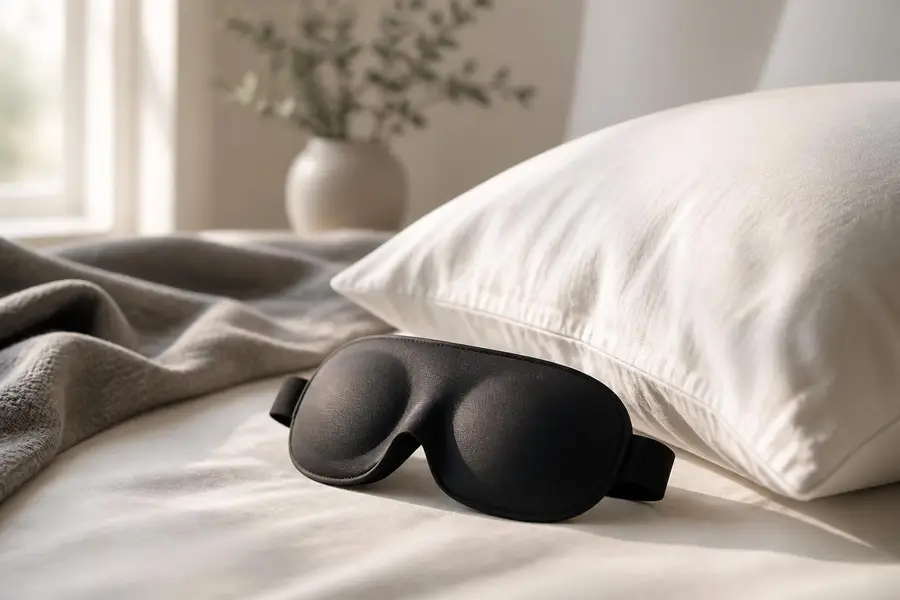 The VELNEXA weighted sleep mask resting on a linen pillow